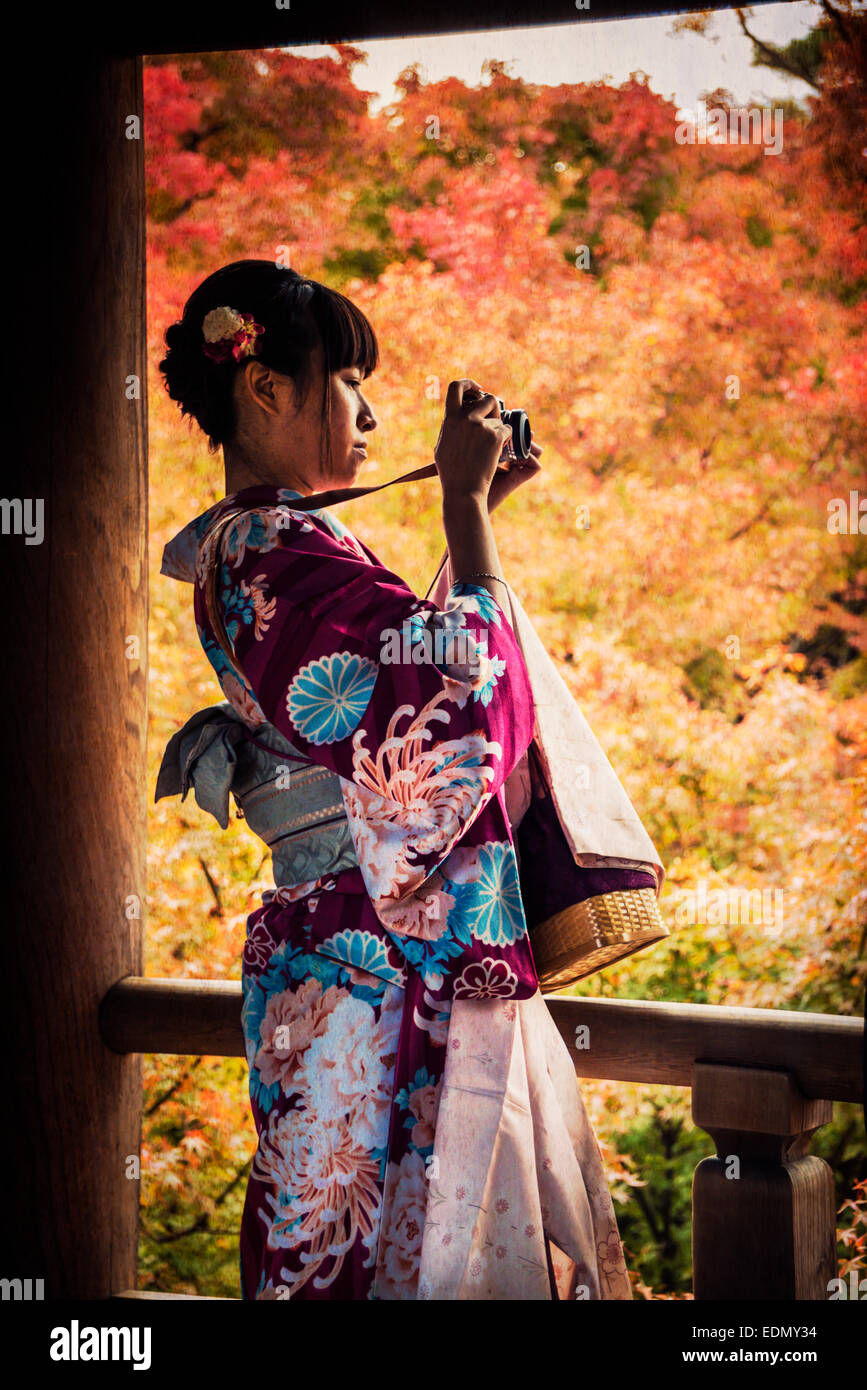 Herbstliche Szene, japanische Frau in Tracht, Kyoto, Japan. Stockfoto