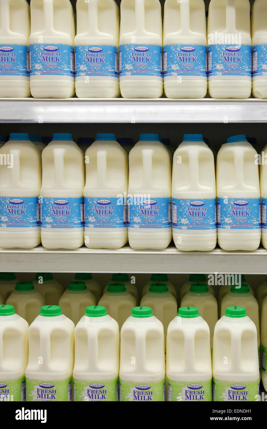 frische Milch und fettarme Milch auf einem Regal im Supermarkt, Irland Stockfoto