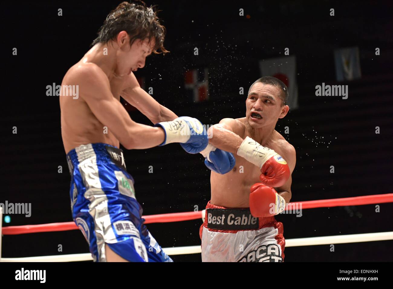 Tokio, Japan. 31. Dezember 2014. (L-R) Ryoichi Taguchi (JPN), Alberto Rossel (pro) Boxen: Alberto Rossel von Peru in Aktion gegen Ryoichi Taguchi Japans während der achten Runde an die WBA im Fliegengewicht Titelkampf am Ota-Stadt General Gymnasium in Tokio, Japan. © Hiroaki Yamaguchi/AFLO/Alamy Live-Nachrichten Stockfoto
