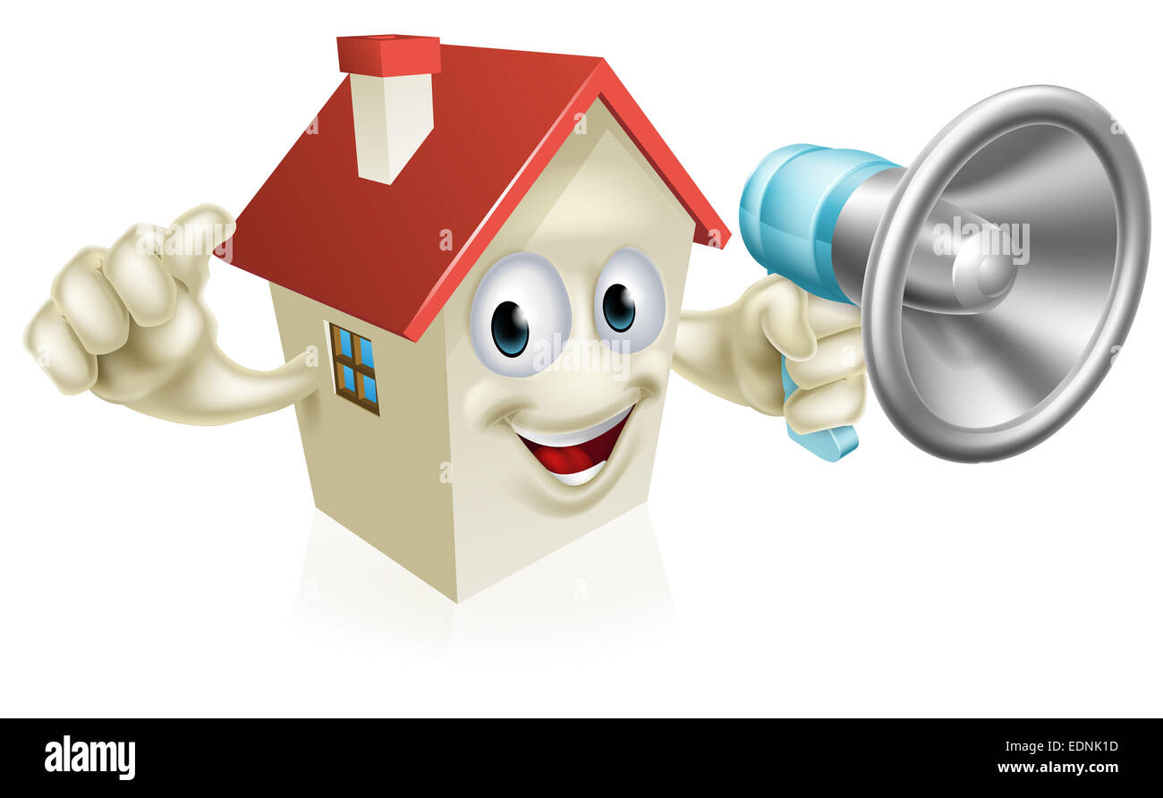 Eine Abbildung von einer Zeichentrickfigur Haus hält ein Megaphon und ein Daumen aufgeben. Konzept für Immobilien, Versteigerung oder ot Stockfoto