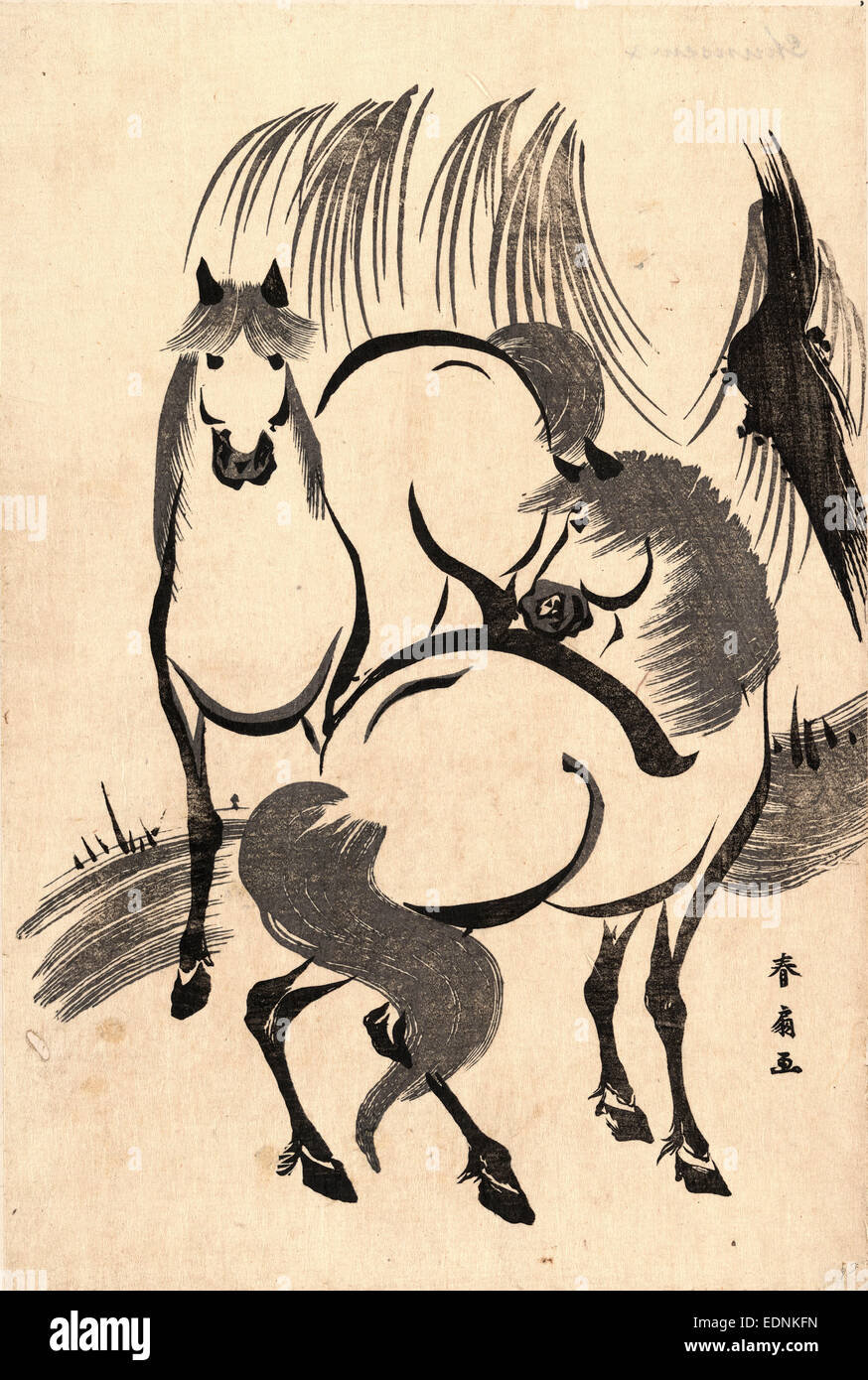 Ryuka kein Uma Pferde unter einer Weide Baum., Katsukawa, Shunsen, 1762-ca. 1830, Künstler, [zwischen 1804 und 1818], 1 print: Holzschnitt; 34,5 x 23,2 cm., zeigt Print zwei Pferde. Stockfoto