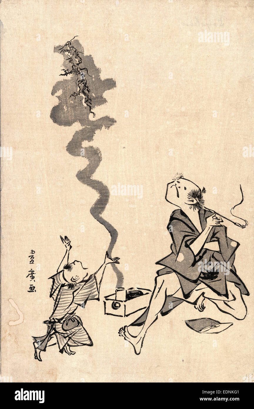Tobae mitate Ryugen Sennin, Toba-e Korrespondenz von einer chinesischen Sage., Utagawa Toyohiro, 1773?-1829?, Künstler, [zwischen 1804 und 1818], 1 print: Holzschnitt; 35,6 x 23,5 cm., zeigt Print einen Mann in einem langen Halter und ein Drache aufsteigend in eine Wolke aus Rauch aus einer Kiste auf dem Boden neben ihm eine Zigarette zu rauchen; ein child(?) Gesten in Richtung des Drachen. Stockfoto