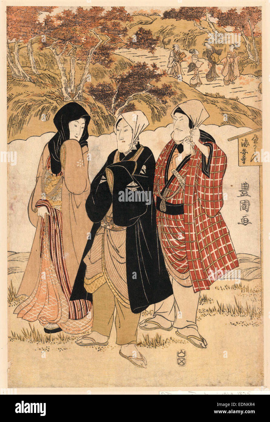 San Yakusha Kaian-Ji keine Momijigari drei Akteure sammeln Ahornblätter Kaian Tempel., Utagawa Toyokuni, 1769-1825, Künstler, [zwischen 1804 und 1818], 1 drucken: Holzschnitt, Farbe; 37,7 x 25,2 cm., zeigt Print den Schauspieler Matsumoto Koshiro V, Bando Mitsugoro III und Iwai Hanshiro V in ländlichen Landschaft. Stockfoto