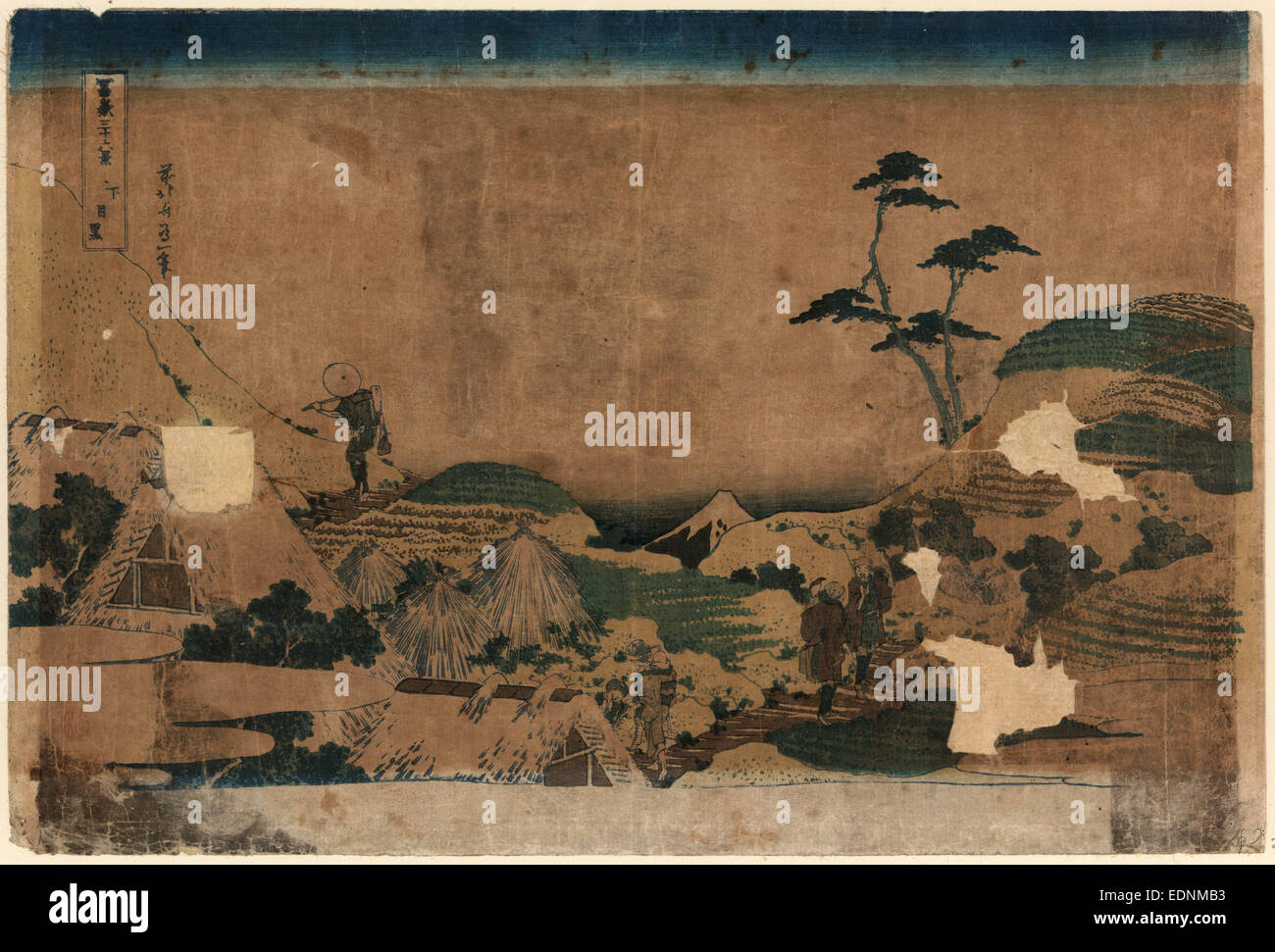 Shimo-Meguro, geringeren Meguro., Katsushika, Hokusai, 1760-1849, Künstler, [1832 und 1833] 1 print: Holzschnitt, Farbe; 25,9 x 38,2 cm., zeigt Print Dächer, Pilger auf Fahrbahn und Mount Fuji in der Ferne. Stockfoto