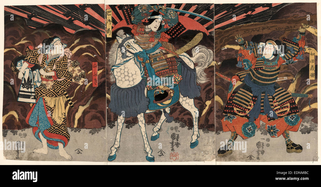 WADA Yoshimori Tomoe Gozen Yamabuki, drei Akteure in die Rollen von Wadai Yoshimori, Tomoe Gozen und Yamabuki., Utagawa, Kuniyoshi, 1798-1861, Künstler, [zwischen 1848 und 1854], 1 Druck (3 Blätter): Holzschnitt, Farbe. Stockfoto