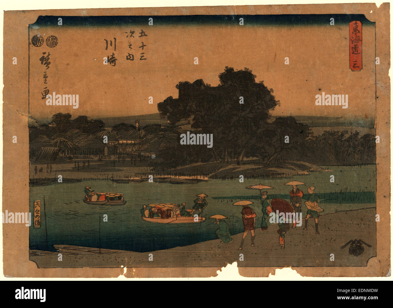 Kawasaki, Ando Hiroshige, 1797-1858, Künstler, [zwischen 1848 und 1854], 1 print: Holzschnitt, Farbe; 17,7 x 25,7 cm., zeigt Print Reisende auf einer Fähre über einen Fluss an der Kawasaki-Station auf der Tokaido-Straße. Stockfoto