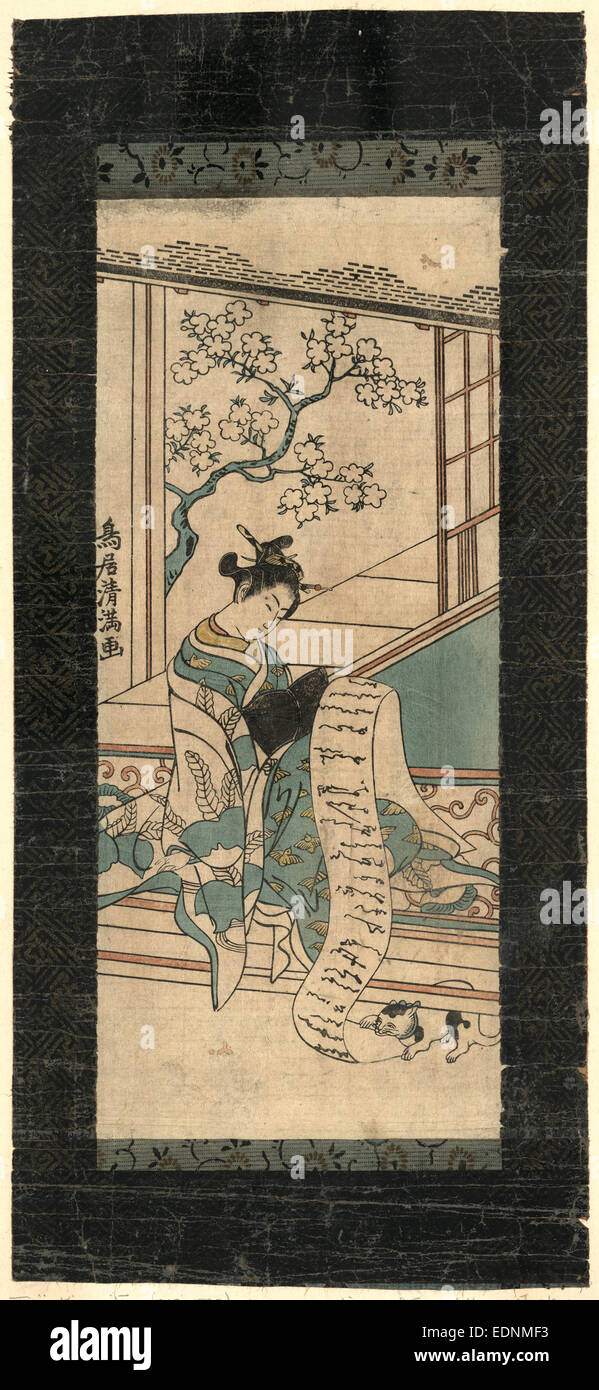 Fumi Yomu Yujo, Kurtisane lesen ein Brief., Torii Kiyomitsu, 1735-1785, Künstler, [zwischen 1757 und 1783, später gedruckt], 1 print: Holzschnitt, Farbe; 29 x 12,3 cm. zeigt Druck eine Frau sitzend auf einer Bank und liest eine Schriftrolle, die ein Ende davon eine Katze mit unter der Bank spielt. Stockfoto