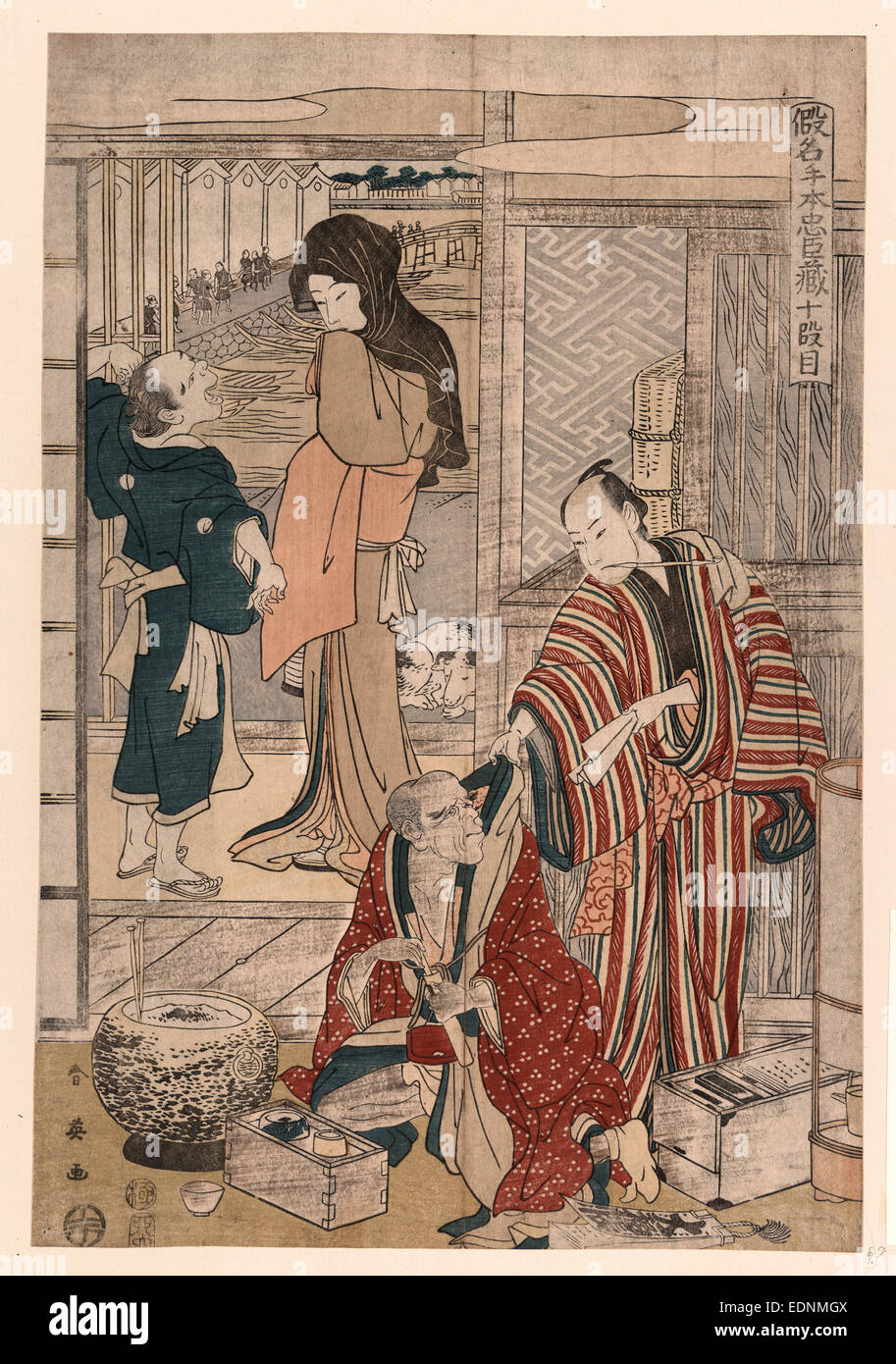 Judanme, Akt zehn [der Kanadehon Chushingura]., Katsukawa, Shun &#x02bc; Ei, 1762-1819, Künstler, 1807., 1 print: Holzschnitt, Farbe; 37,3 x 25,5 cm., Print zeigt Amakawaya Gihei mit Schreibzeug und sein Schwiegervater, der sucht einen Brief der Scheidung von Gihei damit er weg von seiner Tochter mit einem anderen Mann zu heiraten, oder es kann Yuranosuke Gihei, belohnt ihn für seine Loyalität den Brief wieder zeigen; auch zeigt sich ein junger Mann und eine Frau im Hintergrund. Stockfoto