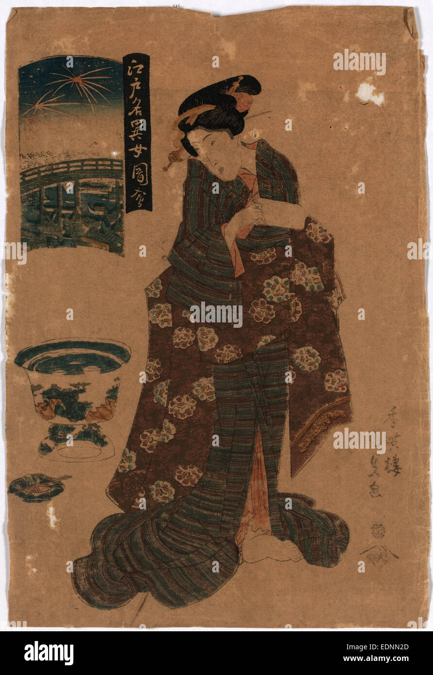 Ryogoku keine Hanabi Feuerwerk am Ryogoku., Utagawa Toyokuni, 1786-1865, Künstler, [zwischen 1818 und 1830], 1 print: Holzschnitt, Farbe; 37,4 x 25,4 cm., zeigt Print, eine Frau, Porträt, stehend, mit Blick auf Links, mit gefalteten Papiere möglicherweise Brief, mit Wandbehang zeigt Szene von Feuerwerkskörpern platzen über eine Brücke. Stockfoto