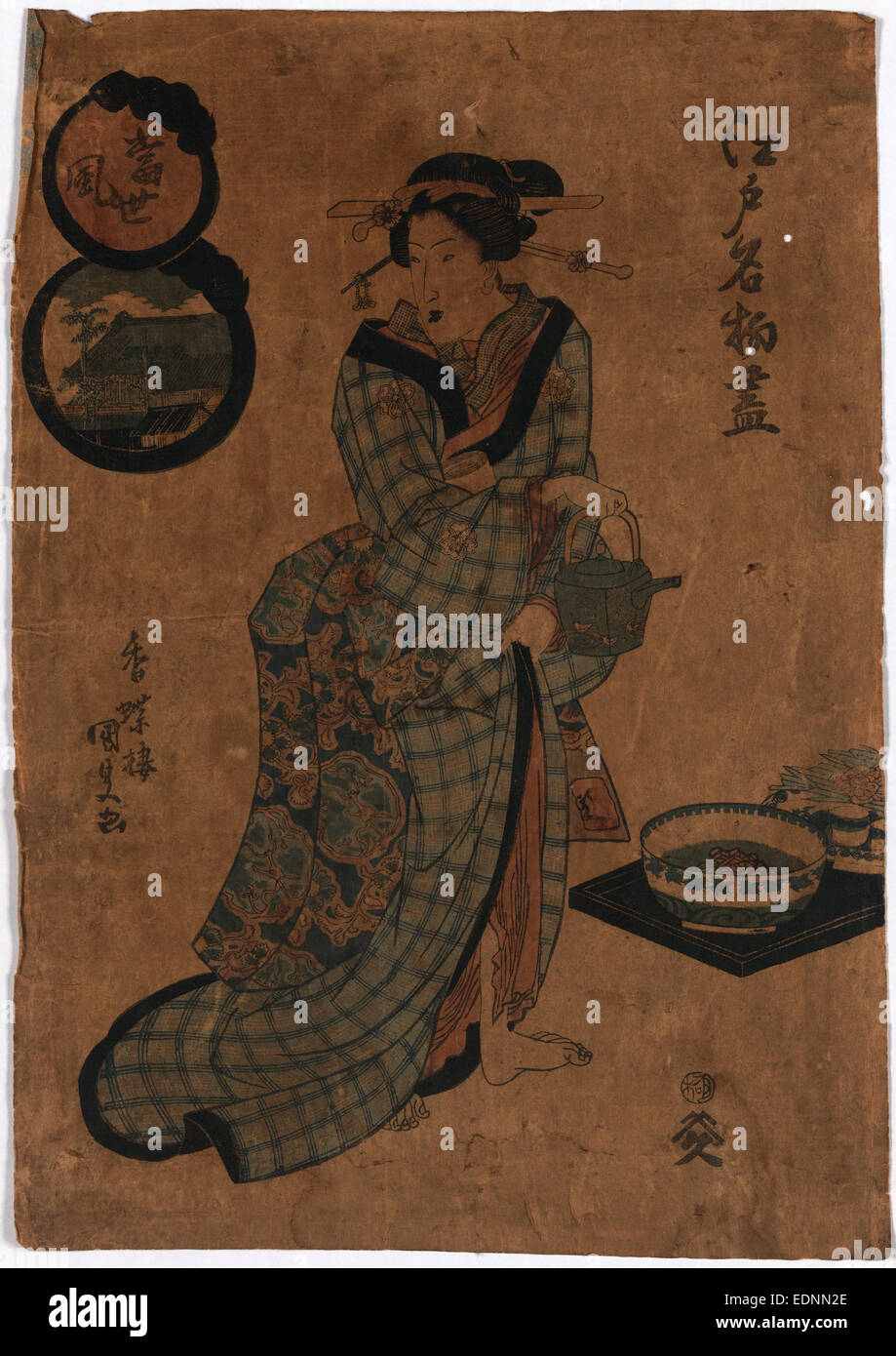 Tosei Fu, heutige Trends., Utagawa, Toyokuni, 1786-1865, Künstler, [von 1830 bis 1844], 1 print: Holzschnitt, Farbe; 37,6 x 26,5 cm., zeigt Print, eine Frau, Porträt, stehend, mit Blick nach links, hält eine Teekanne. Stockfoto