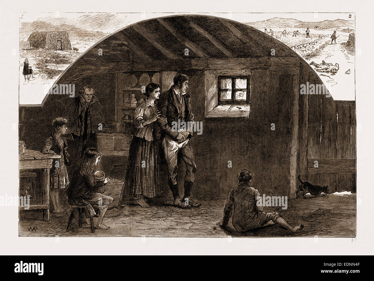 DIE LAND-AGITATION IN IRLAND, 1881: 1. Ein Moor-Kabine in Roscommon. 2. ihre Majestät Autobahn. 3. wie Abonnements gesammelt werden Stockfoto