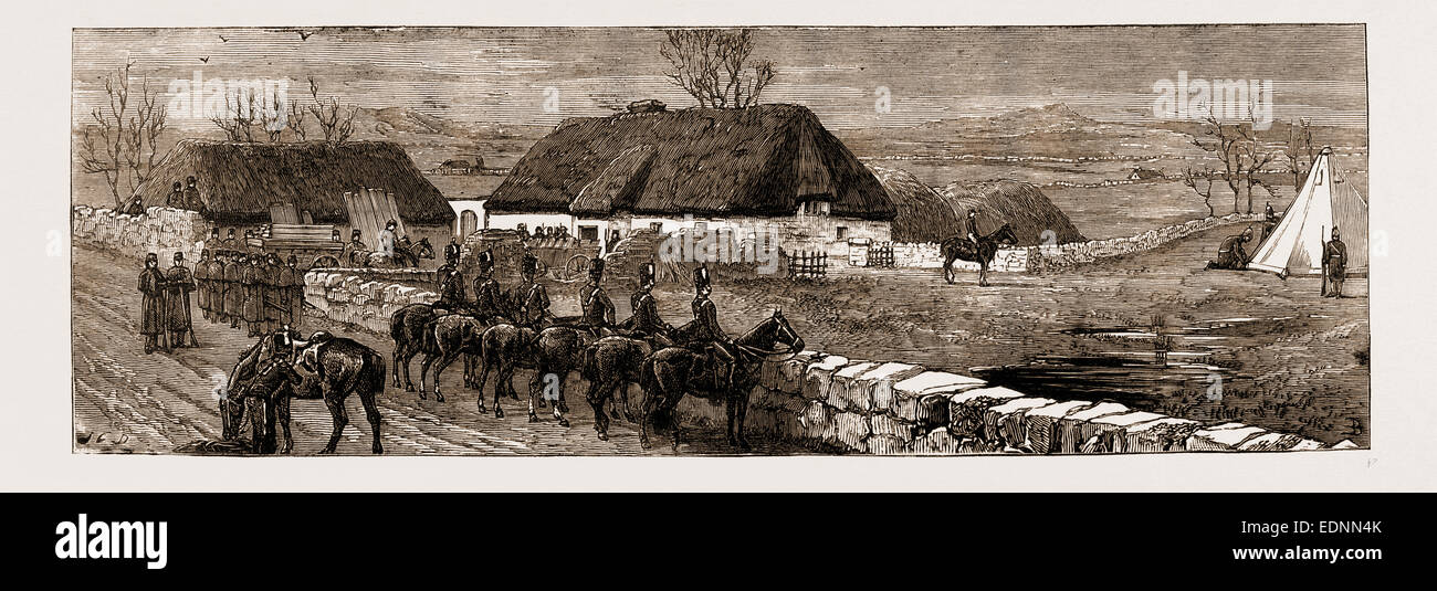 DIE LAND-AGITATION IN IRLAND: ERRICHTUNG EINER POLIZEI-HÜTTE AM NEUEN PALLAS, LIMERICK, 1881 Stockfoto