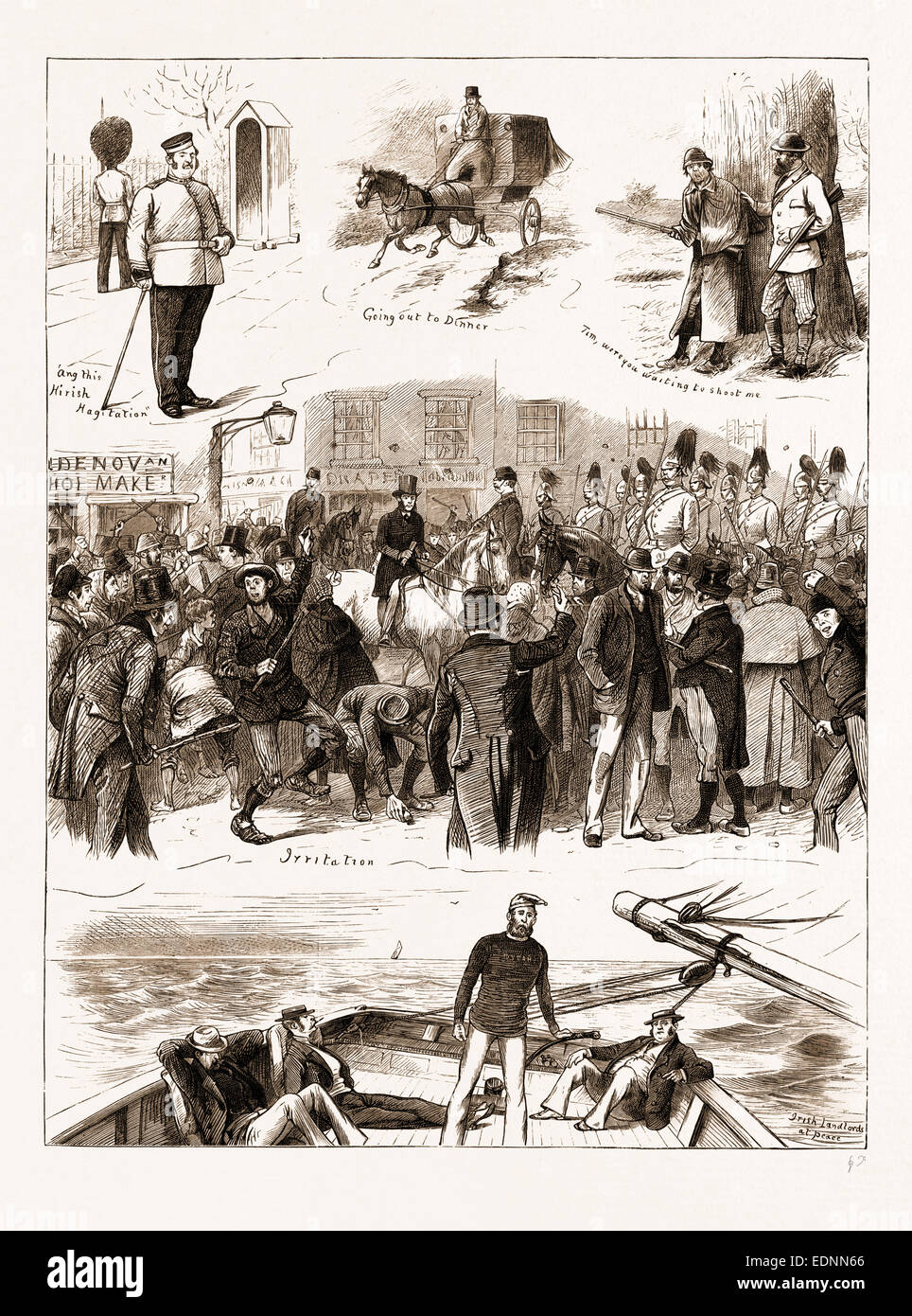 DIE irischen landen AGITATION, 1881: Abendessen, Reizung, irischen Vermieter in Frieden ausgehen Stockfoto