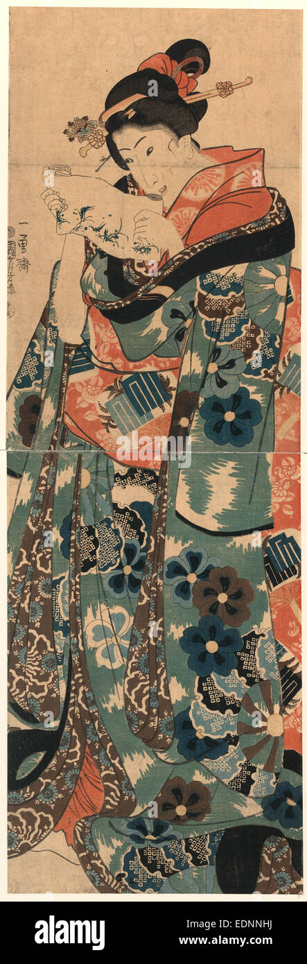 Fumi Yomu Musume, junge Dame lesen ein Brief., Utagawa Kuniyoshi, 1798-1861, Künstler, [zwischen 1844 und 1848], 1 print: Holzschnitt, Farbe; 33,9 x 22,3 cm (Abdeckung), 33,6 x 22,5 cm (Bodenplatte), Print zeigt eine junge Frau, die in voller Länge, stehend, mit Blick auf Links, einen Brief lesend. Stockfoto
