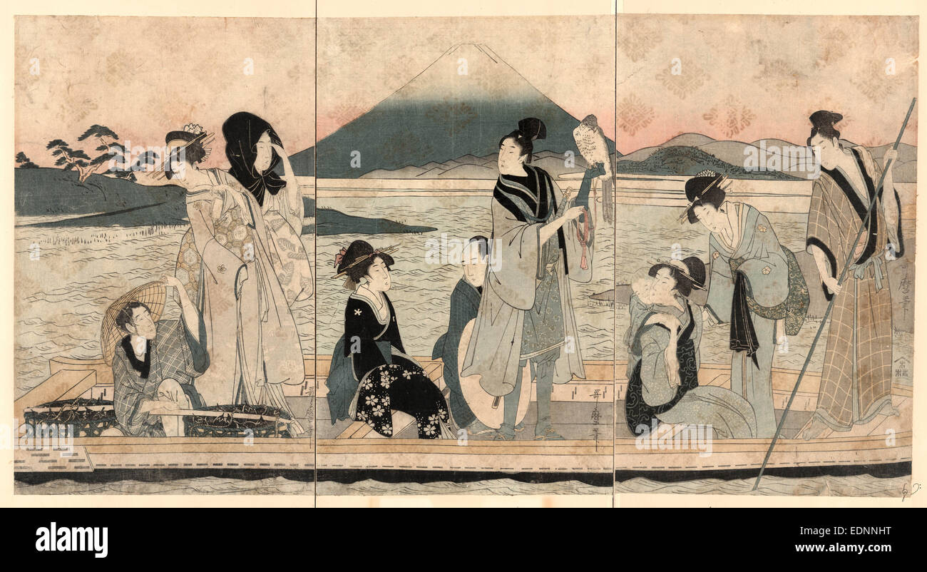 Ichi Fuji ni Taka San Nasubi, erster Traum: Fuji, Falken und Auberginen., Kitagawa Utamaro, 1753?-1806, Künstler, [zwischen 1798 und 1801], 1 Druck (3 Blätter): Holzschnitt, Farbe; 37,2 x 23,3 cm (linken), 37,1 x 23 cm (Mittelkonsole), 37,3 x 22,9 cm (rechte Abbildung), Print zeigt fünf Frauen, vier Männer und ein Kind in eine Fähre; ein Mann ist das Boot poling und ein Mann ist ein Portier sitzt hinten im Boot mit Körben von Auberginen, Frauen, Kind und ein Mann mit einem Falken auf den linken Unterarm, und der vierte Mann möglicherweise einer Jagdgesellschaft wird über den Fluss übergesetzt. Blick auf den Mount Fuji in der backg Stockfoto