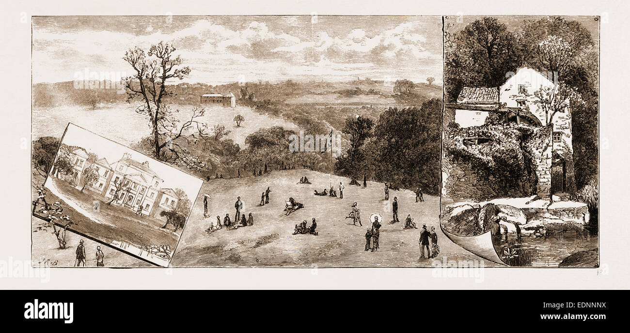 NEWCASTLE, UK, 1881: ELSWICK PARK, SKULPTURENGALERIE, ARMSTRONG PARK, ALTE MÜHLE, JESMOND DENE Stockfoto