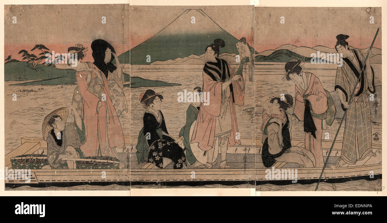 Ichi Fuji ni Taka San Nasubi, erster Traum: Fuji, Falken und Auberginen., Kitagawa Utamaro, 1753?-1806, Künstler, [zwischen 1798 und 1801], 1 Druck (3 Blätter): Holzschnitt, Farbe; 36,4 x 24,5 cm (linken), 35,8 x 24,2 cm (Mittelkonsole), 36 x 24,5 cm (rechte Abbildung), Print zeigt fünf Frauen, vier Männer und ein Kind in eine Fähre; ein Mann ist das Boot poling und ein Mann ist ein Portier sitzt hinten im Boot mit Körben von Auberginen, Frauen, Kind und ein Mann mit einem Falken auf den linken Unterarm, und der vierte Mann möglicherweise einer Jagdgesellschaft wird über den Fluss übergesetzt. Blick auf den Mount Fuji in der backg Stockfoto