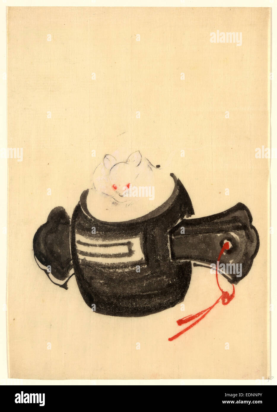 [Maus, Vorderseite, sitzt auf einem Hammer mit rotem Band durch ein Loch im Griff], Künstler, [zwischen 1830 und 1850], 1 Zeichnung auf dünnem Bütten: Tusche laviert, Farbe; 26,7 x 18,1 cm., zeigt Print eine Maus, Vorderseite, sitzt auf einem Hammer mit rotem Band durch ein Loch in den Griff. Stockfoto