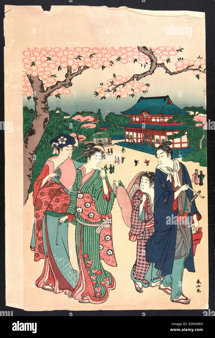 Ueno keine Hanami, Cherry blossom Anzeige bei Ueno., Katsukawa Shunzan, aktive 1780-1800, Künstler, [zwischen 1781 und 1801, später gedruckt], 1 print: Holzschnitt, Farbe; 41,3 x 26,9 cm., zeigt Print, ein Mann, zwei Frauen und ein kleines Kind Anzeige Kirschblüten in Ueno. Stockfoto