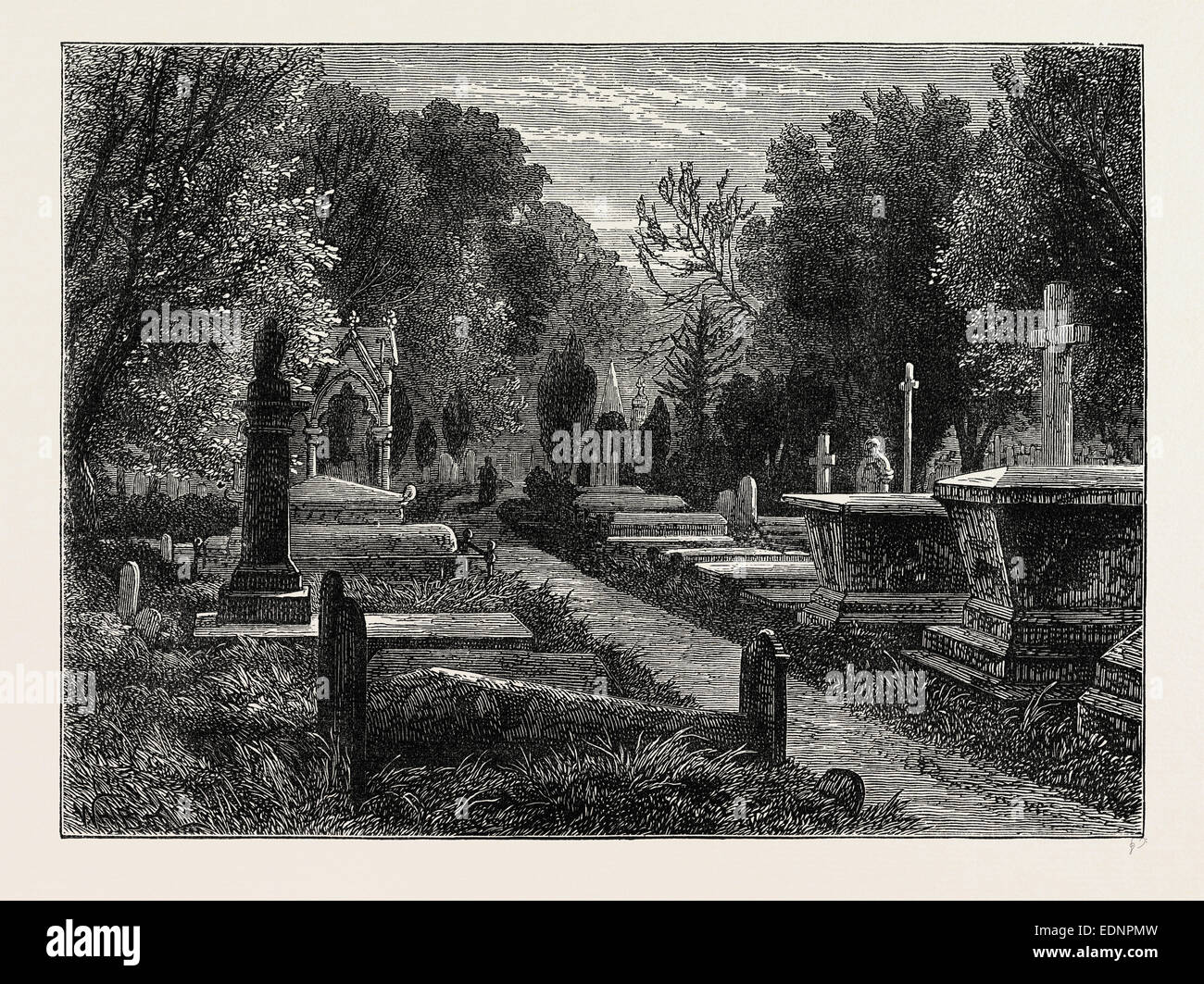 KENSAL GREEN CEMETERY. London, UK, 19. Jahrhundert Gravur Stockfoto