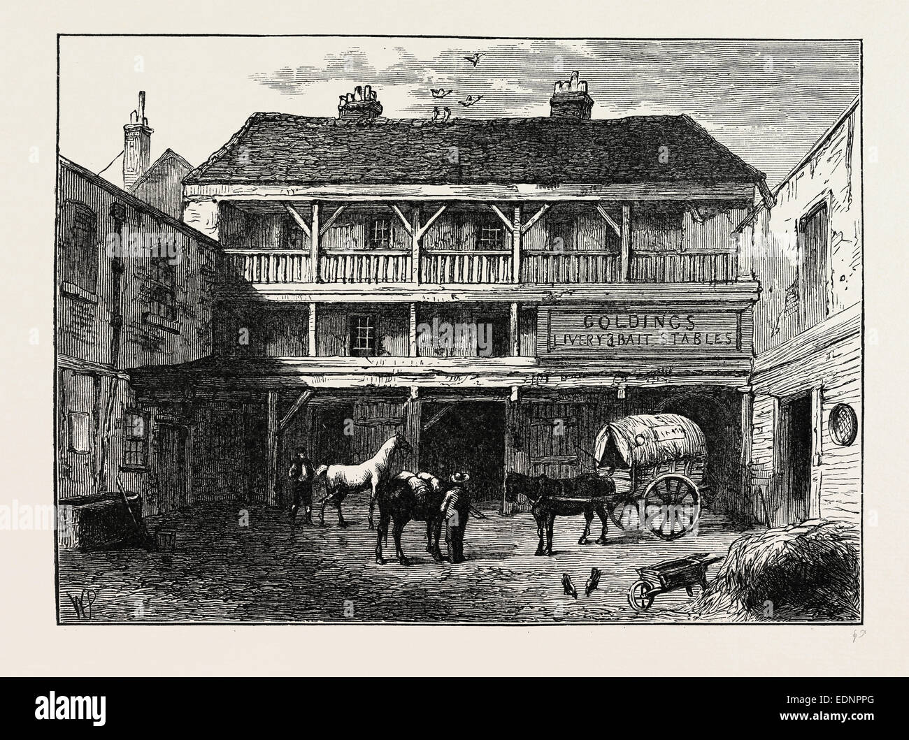 Grays INN LANE, das Old Black Bull Inn, London, UK, 19. Jahrhundert Gravur Stockfoto