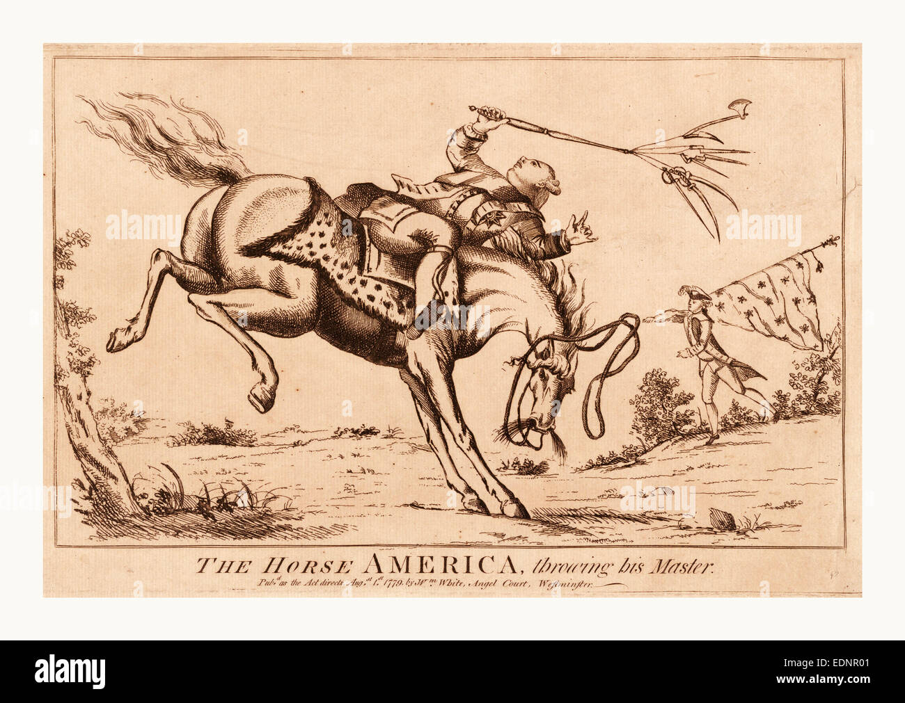 Das Pferd Amerika, seinen Meister zu werfen de sanguine Gravur zeigt eine Pferd Amerika warf seinen Reiter, George III. Stockfoto