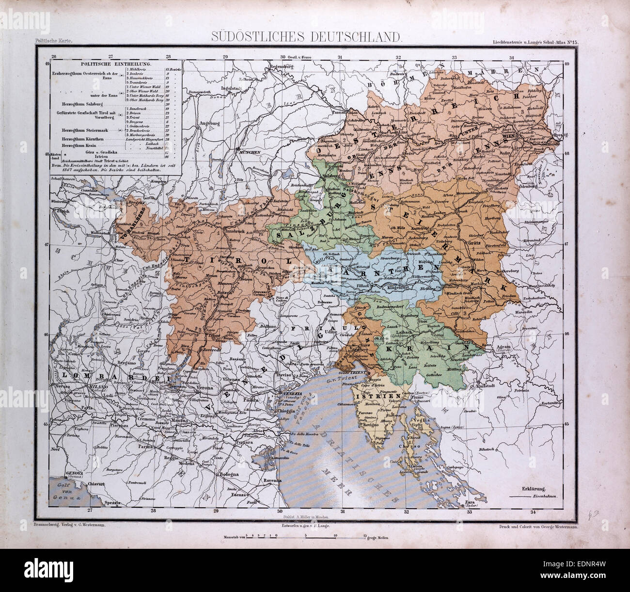 Süd-Ost-Deutschland, Sudostliches Deutschland, Atlas von Th. von Liechtenstern und Henry Lange, Antike Landkarte 1869 Stockfoto