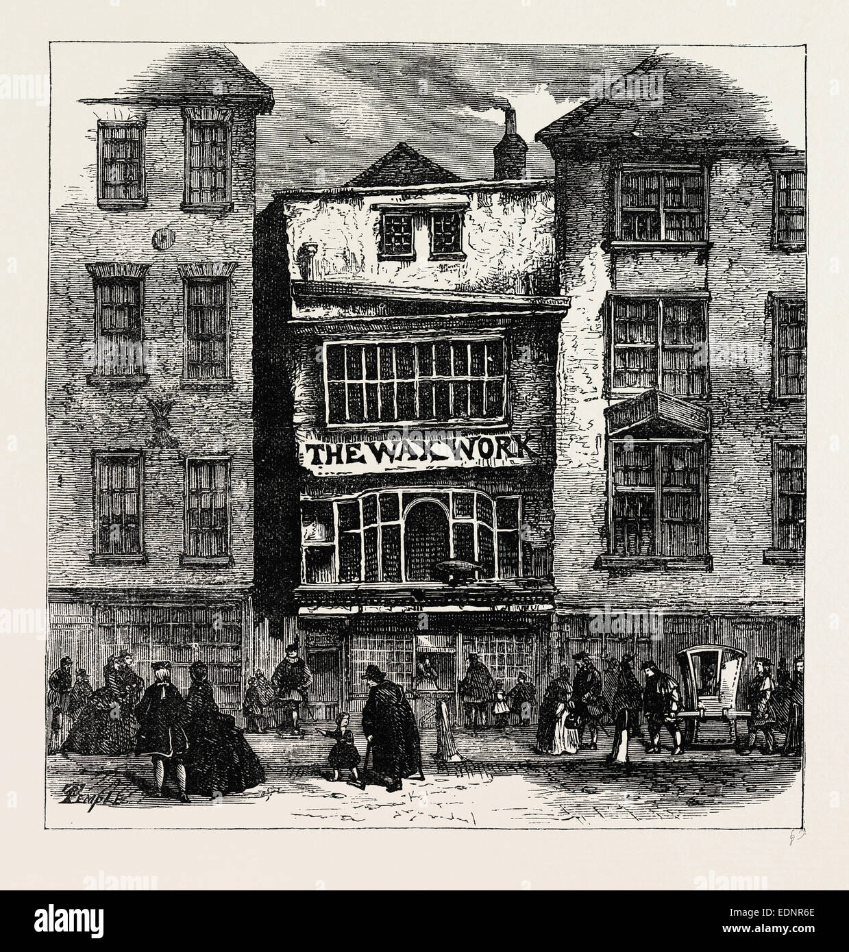 FRAU LACHS WAXWORK, FLEET STREET, PALAST VON HEINRICH VIII. UND KARDINAL WOLSEY. London, UK, 19. Jahrhundert Gravur Stockfoto