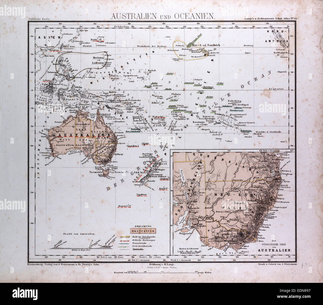 Australien und Ozeanien Karte, Atlas von Th. von Liechtenstern und Henry Lange antike Karte 1869 Stockfoto