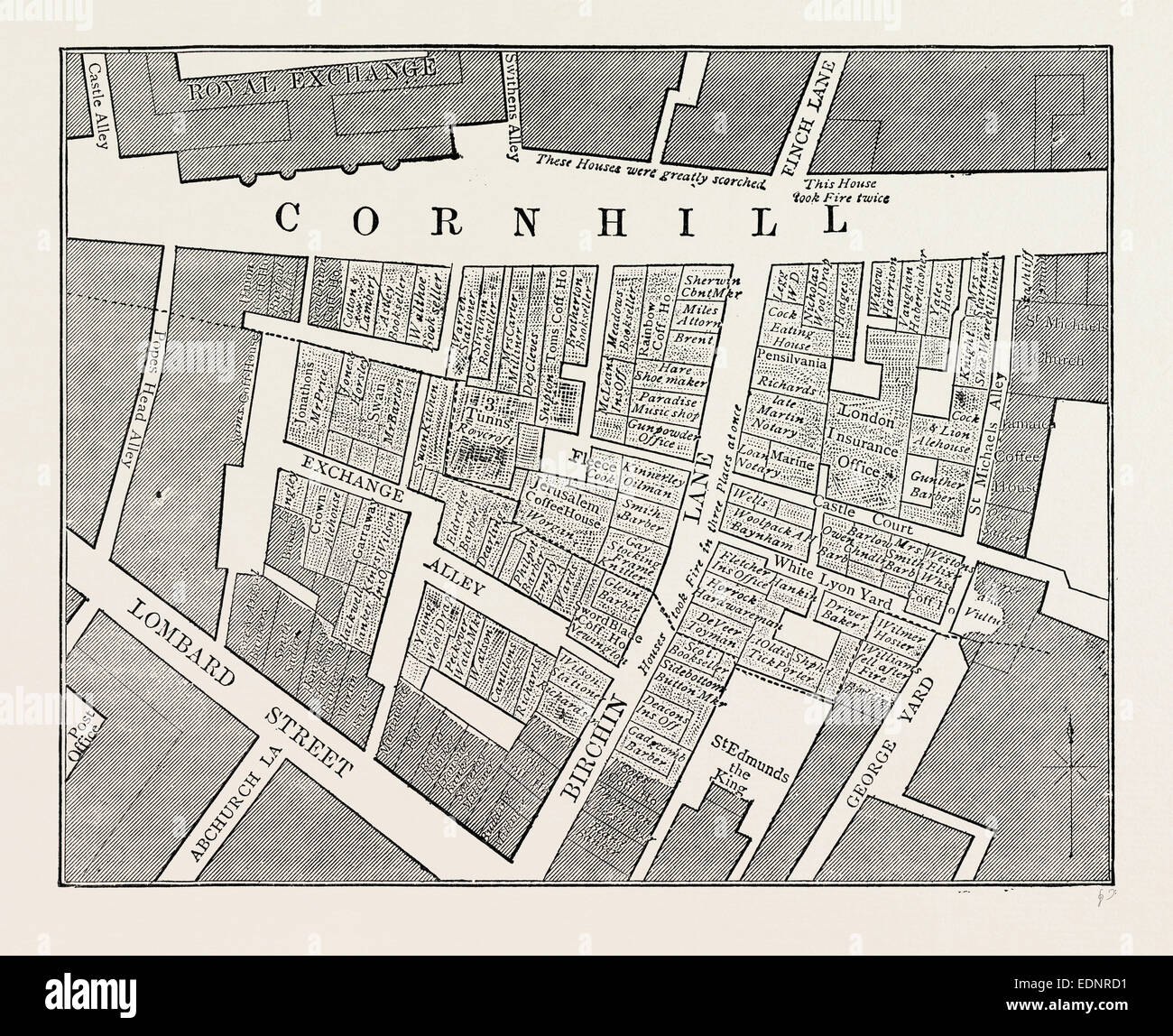 Diese Karte zeigt das Ausmaß des großen Brandes in Cornhill in 1748, London, UK, 19. Jahrhundert Gravur Stockfoto
