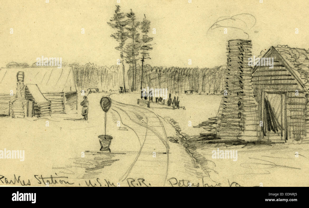 Parkes Station, U.S.M.R.R, Petersburg Va, 1860-1860, Zeichnung, 1862-1865, von Alfred R Waud, 1828-1891 Stockfoto
