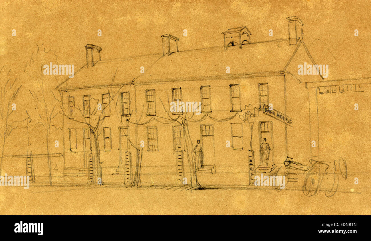 Die Owen Haus, Washington D, 1865 Ermordung Lincolns, Zeichnung, 1862-1865, von Alfred R Waud, 1828-1891, US-amerikanischer Künstler Stockfoto