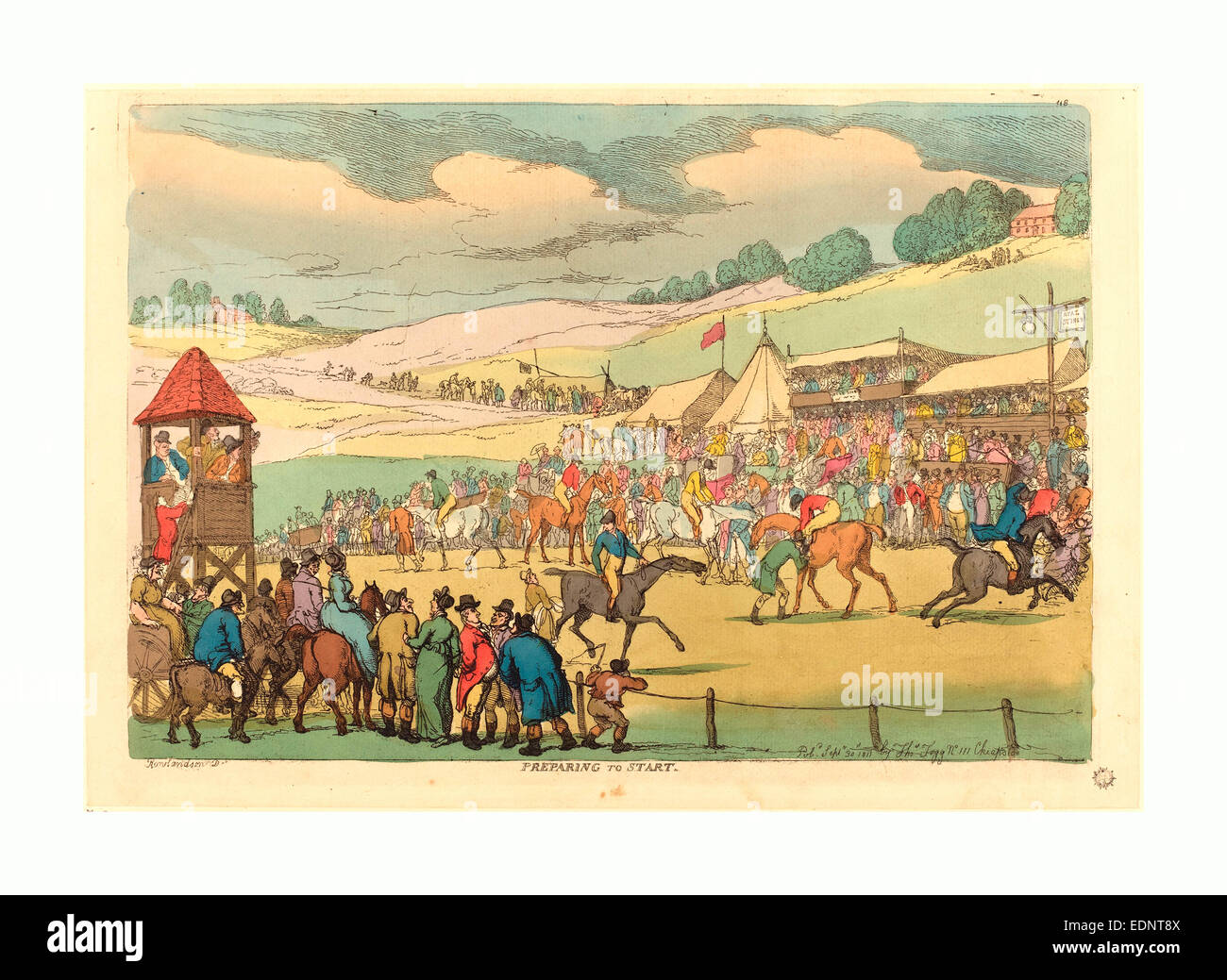 Thomas Rowlandson (British, 1756-1827), Vorbereitung zum Start, 1811, handkolorierten Radierung Stockfoto Thomas Rowlandson (British, 1756-1827), Vorbereitung zum Start, 1811, handkolorierten Radierung Stockfoto