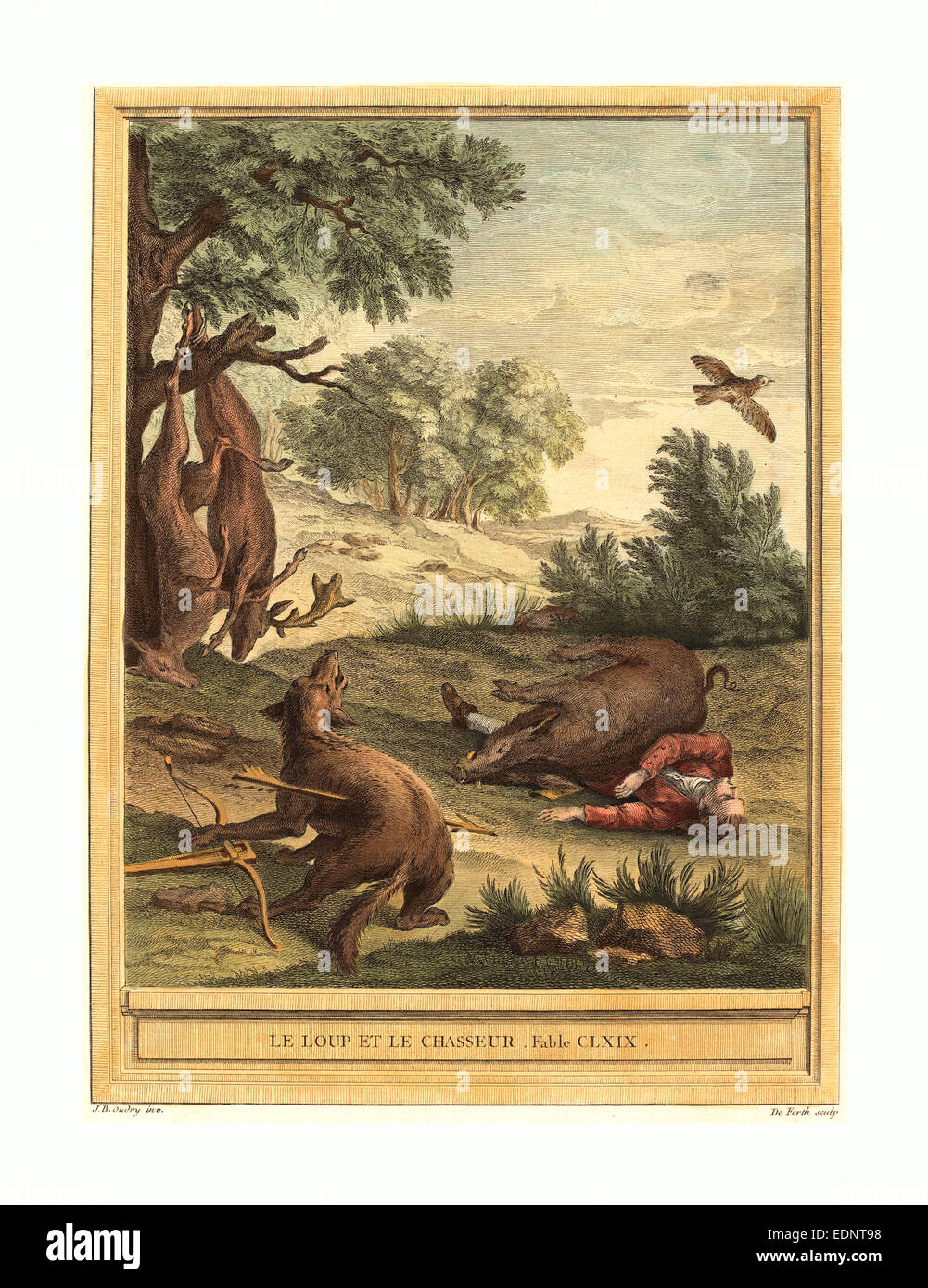 A.-J. de Fehrt nach Jean-Baptiste Oudry (Franzose, geboren 1723), Le Loup et le Chasseur (der Wolf und der Jäger), veröffentlicht 1756 Stockfoto A.-J. de Fehrt nach Jean-Baptiste Oudry (Franzose, geboren 1723), Le Loup et le Chasseur (der Wolf und der Jäger), veröffentlicht 1756 Stockfoto