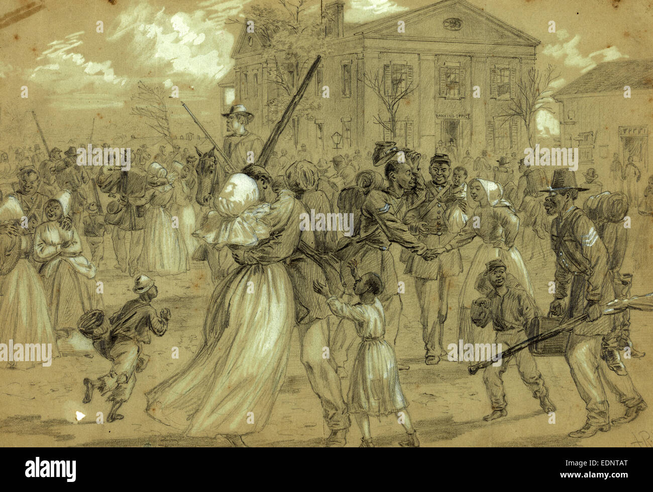 Afrikanische amerikanische Soldaten ausgemustert in Little Rock, Arkansas, 1866, Zeichnung, 1862-1865, von Alfred R Waud, 1828-1891 Stockfoto