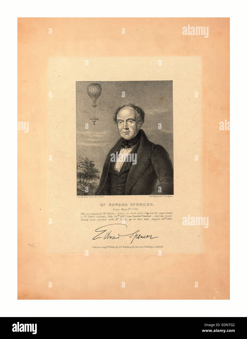 Mr Edward Spencer, geboren 8. Mai 1799, Mr. Charles Green in diesem tödlichen Fallschirm-Experiment begleitet Stockfoto