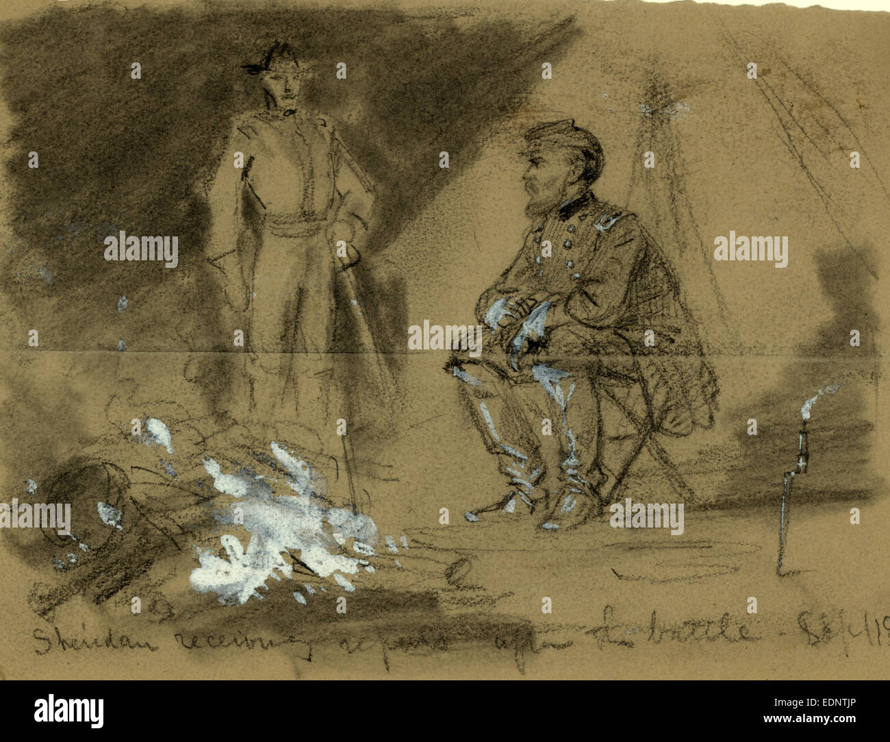 Sheridan, die Entgegennahme der Berichte nach der Schlacht am 19 September, Zeichnung, 1862-1865, von Alfred R Waud, 1828-1891, US-amerikanischer Künstler Stockfoto