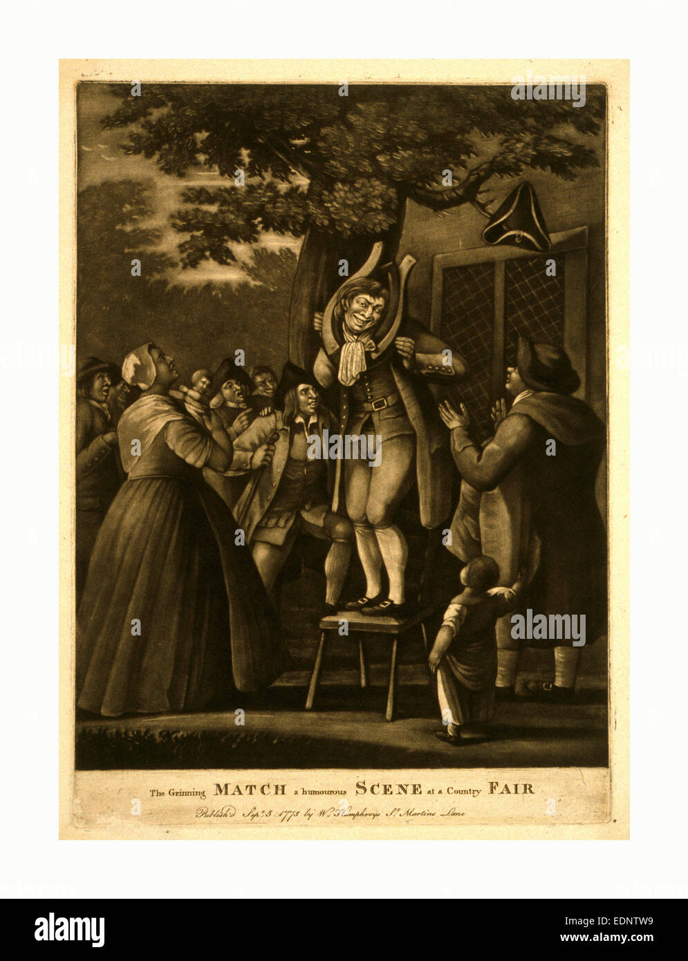 Das grinsende Match steht eine humorvolle Szene auf einer Land-Messe, Gravur 1775, Schabkunst., ein Mann auf einem Stuhl unter einem großen Stockfoto