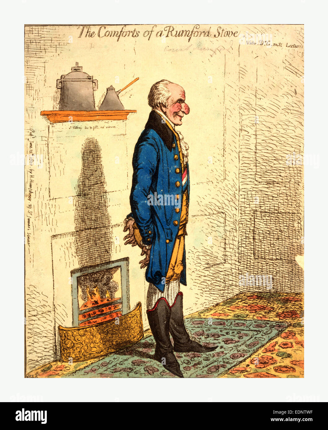 Den Komfort von einem Rumford Ofen Vide Dr. G-Rn-ts Vorträge / Gillray, James, 1756-1815, Gravieren 1800, in voller Länge anzeigen Stockfoto