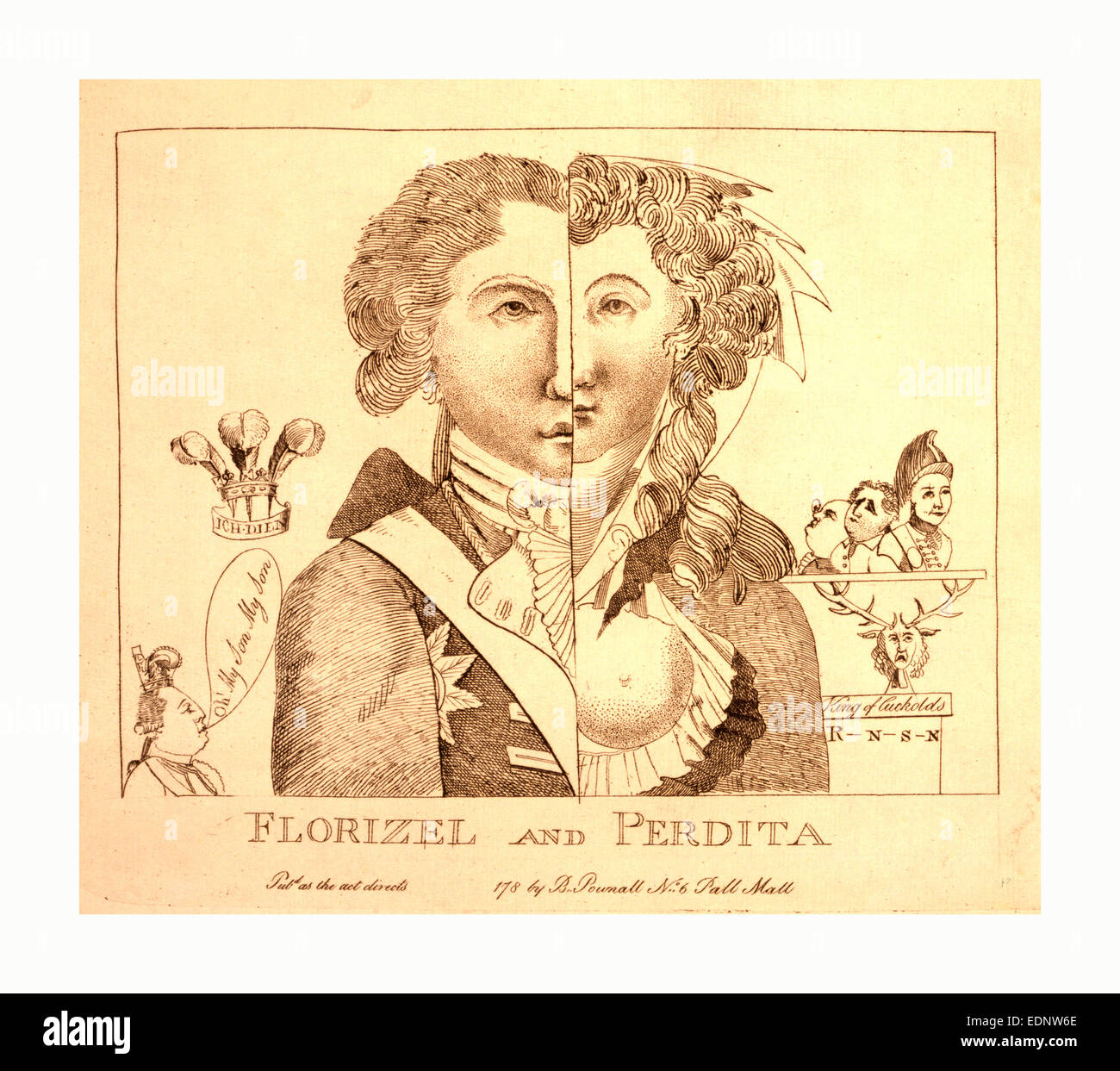 Florizel und Perdita, En sanguine Gravur 1780er Jahren, ein Büstenporträt vertikal geteilt durch eine Linie hinunter die Mitte des Gesichts Stockfoto