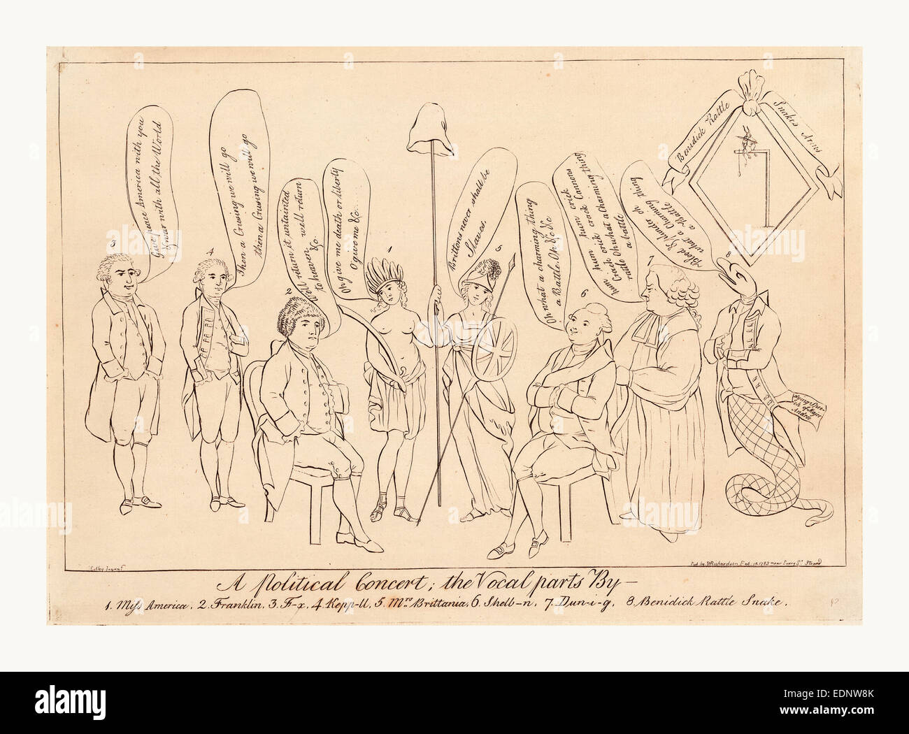 Einem politischen Konzert; Die Gesangsparts von 1. Miss America, 2. Franklin, 3. F - x 4. Kepp--ll, 5. Frau Britania Stockfoto