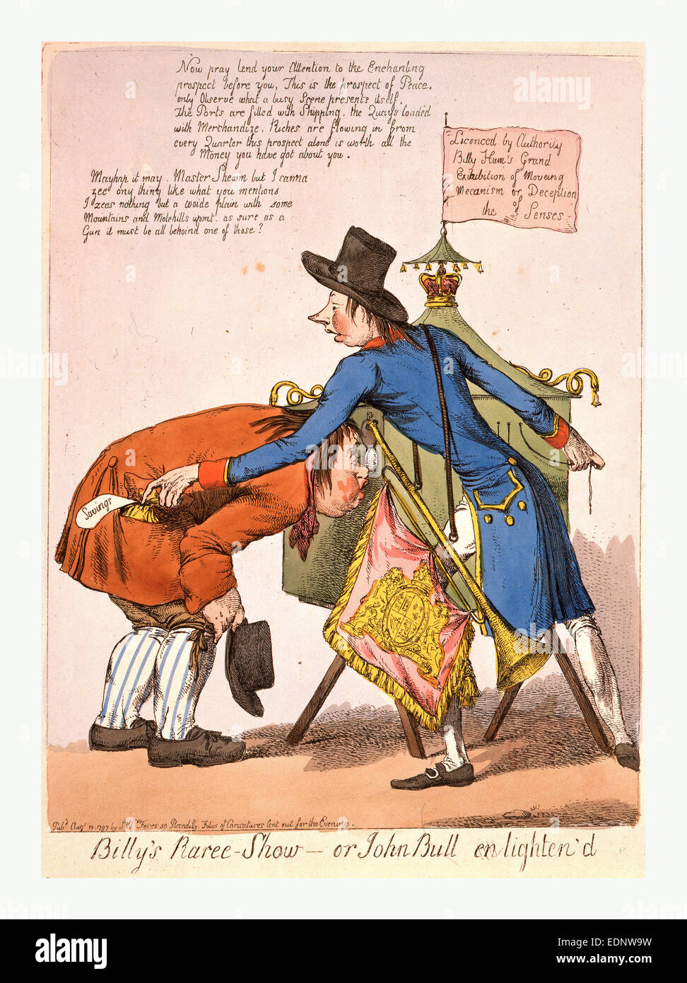 Billys Raree-Show oder John Bull En lighten'd, [England], Gravur 1797, Pitt, als Peep-Show Mann, zeichnet sich durch seine box Stockfoto