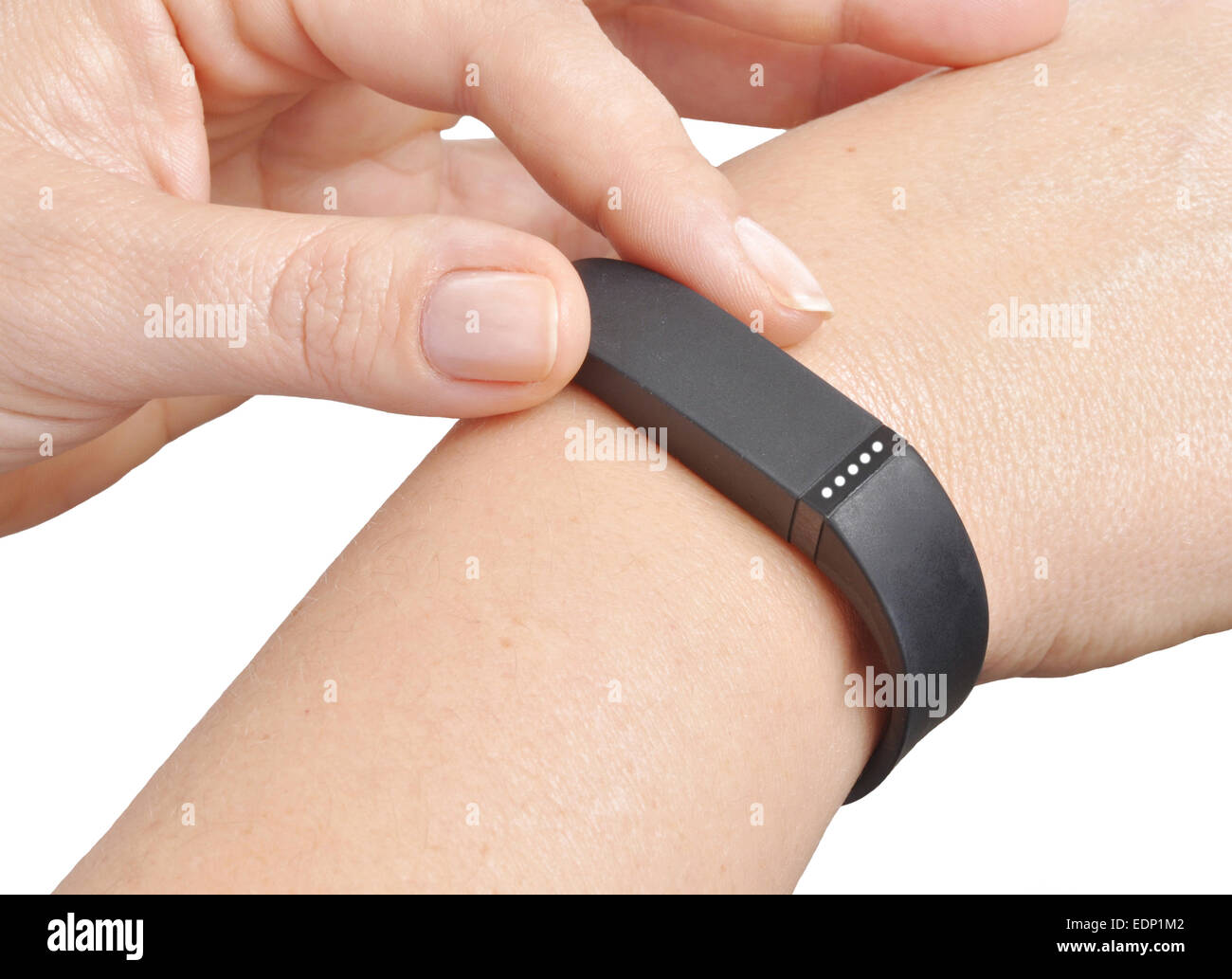 Aktivität-Fitness-Tracker am weiblichen Handgelenk Stockfoto