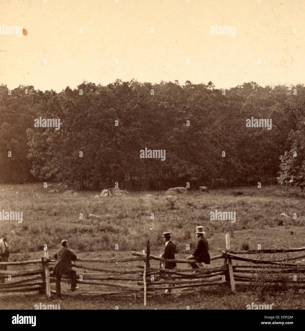 Wiese, über die die 2d Messe und 27. Indiana am Morgen des 3d Juli berechnet. Wald von Konföderierten besetzt Stockfoto
