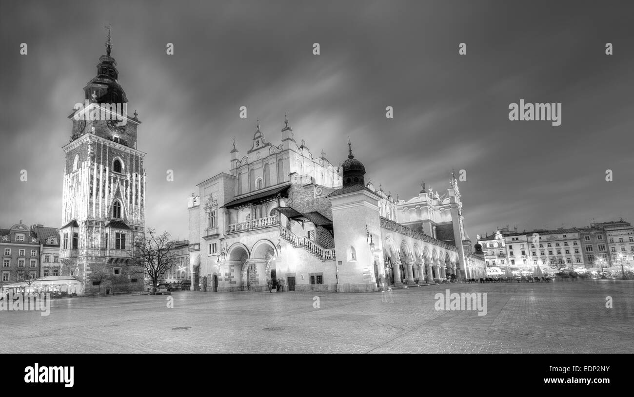 Der Hauptmarkt in Krakau schwarz und weiß, Polen. Stockfoto