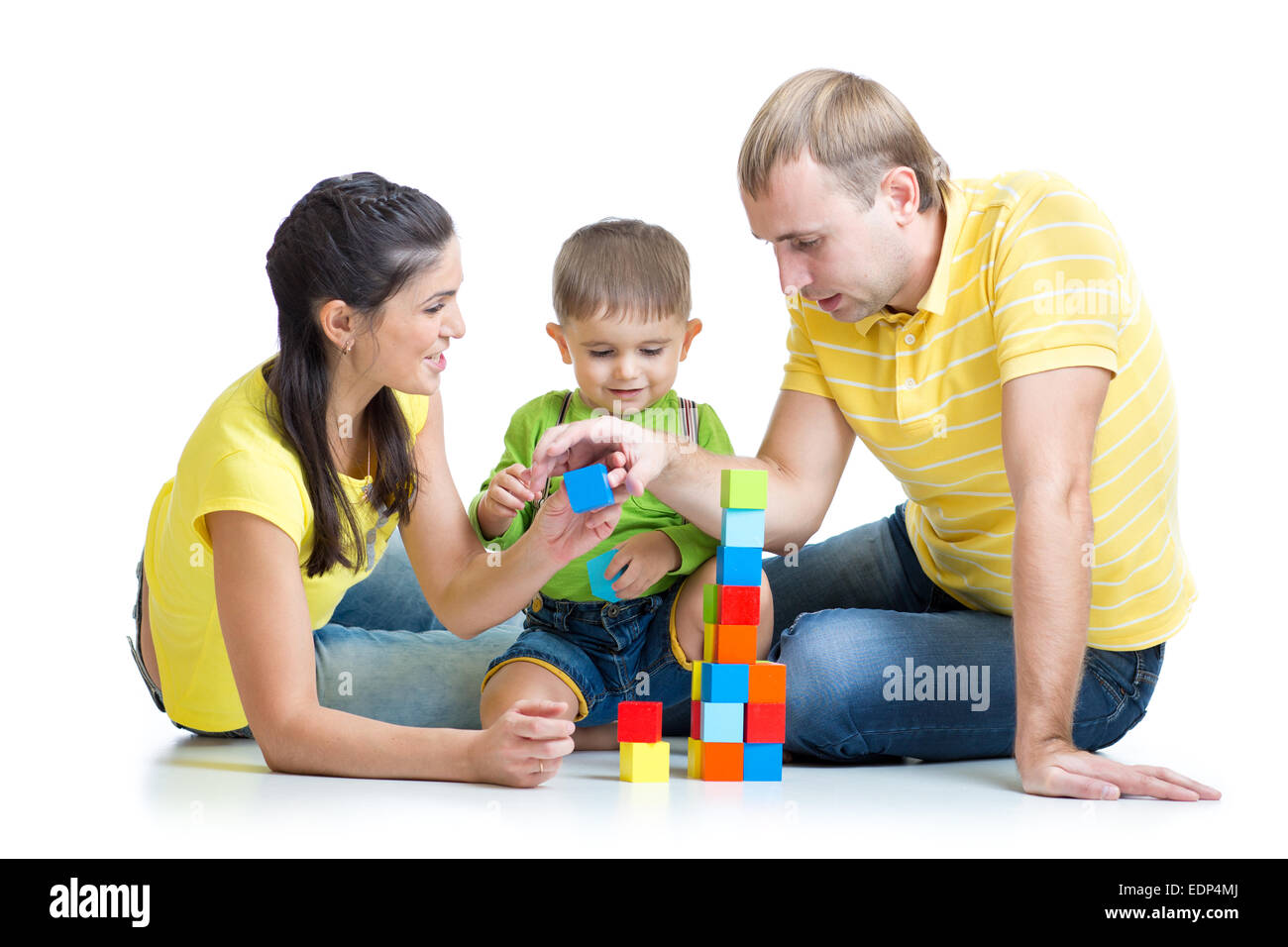 Kind mit der Familie spielen Bausteine Stockfoto
