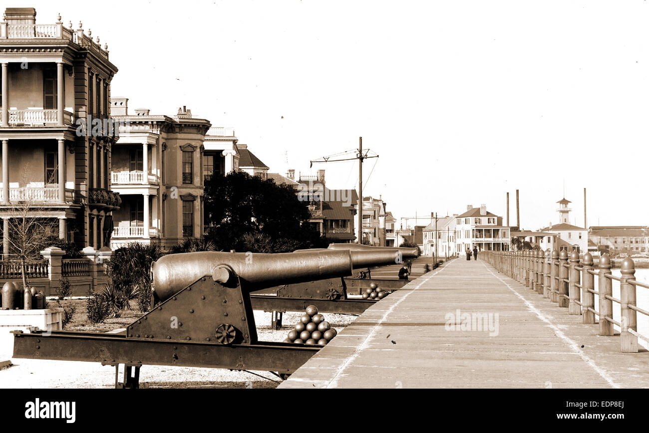 Charleston, S.C, Gehwege, Kanonen, Uferpromenaden, USA, South Carolina, Charleston, 1880 Stockfoto