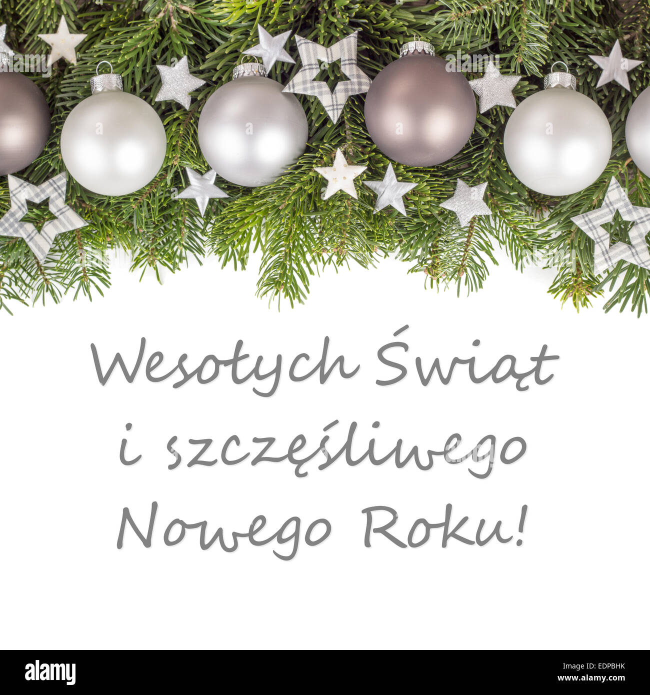 PolnischWeihnachtskarte mit Weihnachtskugeln, Tannenzweigen, goldenen