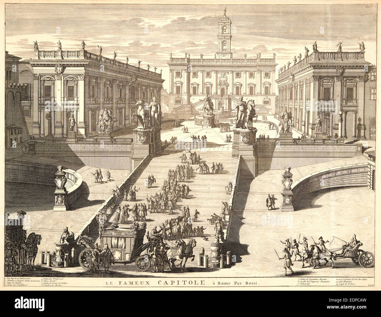 Domenico de Rossi (Italienisch, aktive 1691 – 1720). Blick auf das Kapitol (Le Fameux Capitole À Rome), ca. 1695-1706. Radierung Stockfoto