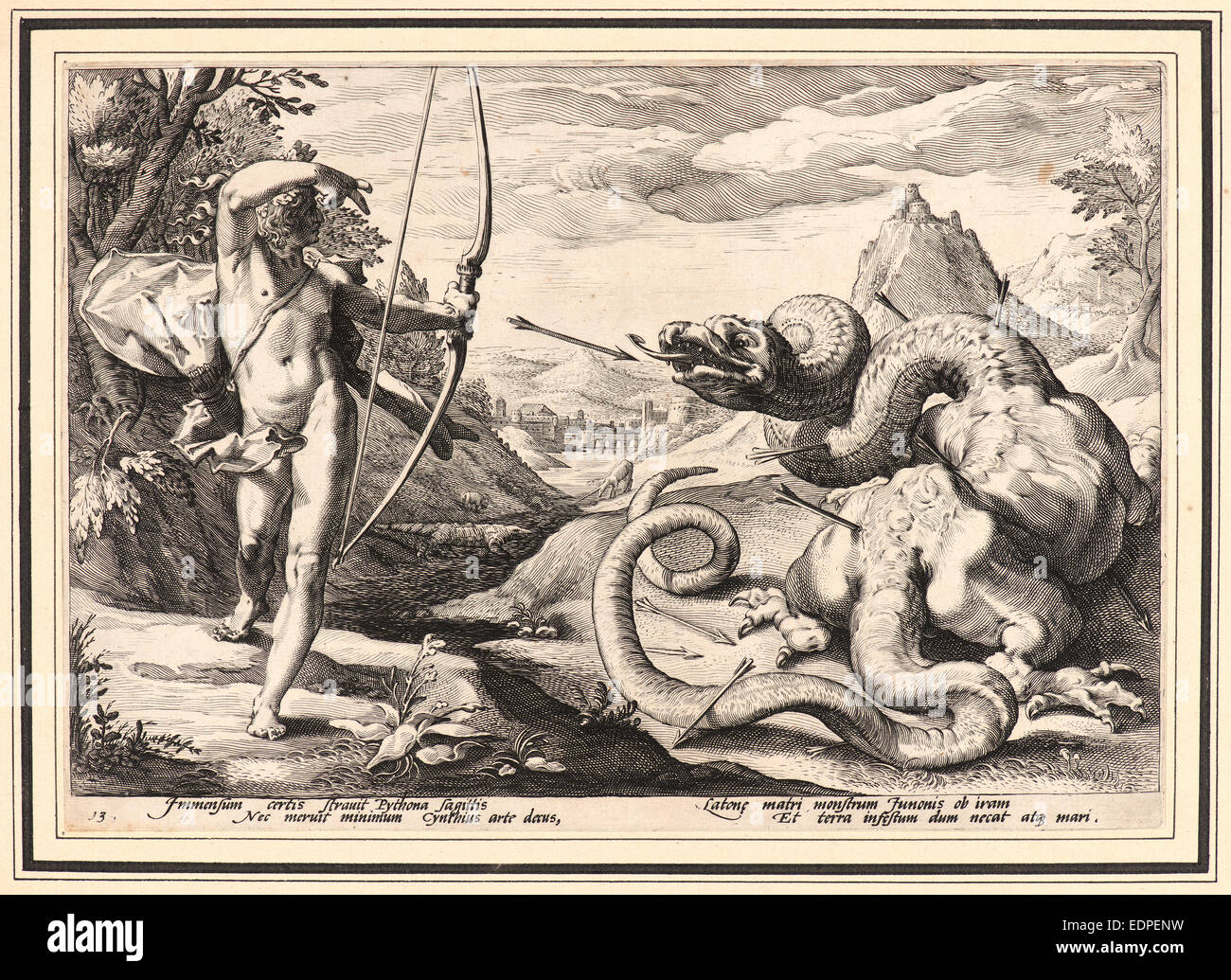 Anonyme nach Hendrick Goltzius (Niederländisch, 1558-1617). Apollo töten Python, ca. 1589. Von Metamorphosen. Gravur Stockfoto